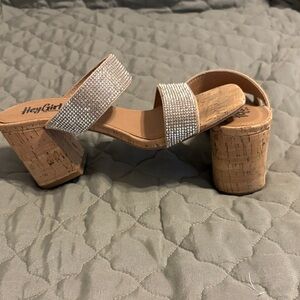 Women's Tan and Silver Block Heel Sandals